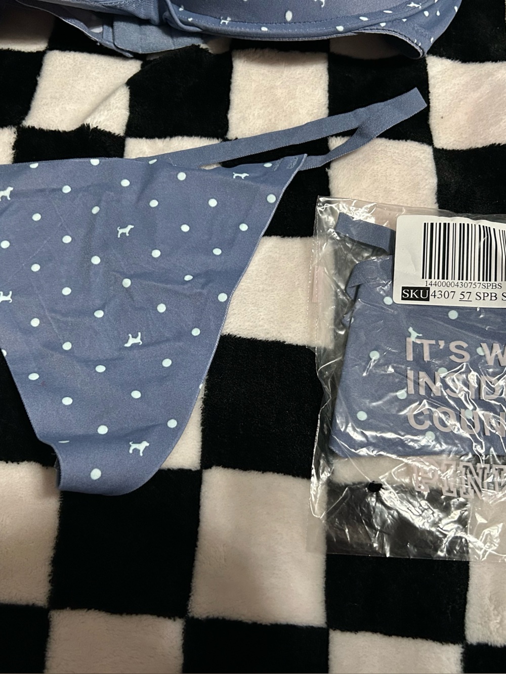 (2) PINK VS Dusty Iris Blue Polka Dot No Show V-String NWT **TWO (2)**!